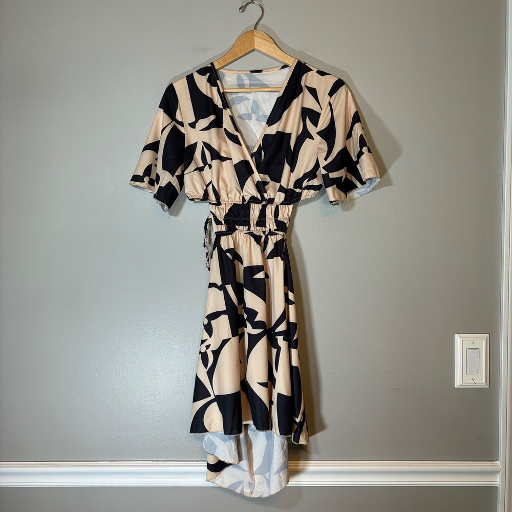 SHEIN Tan Black Abstract Geometric High Low Cut Out Smocked Waist Dress Large